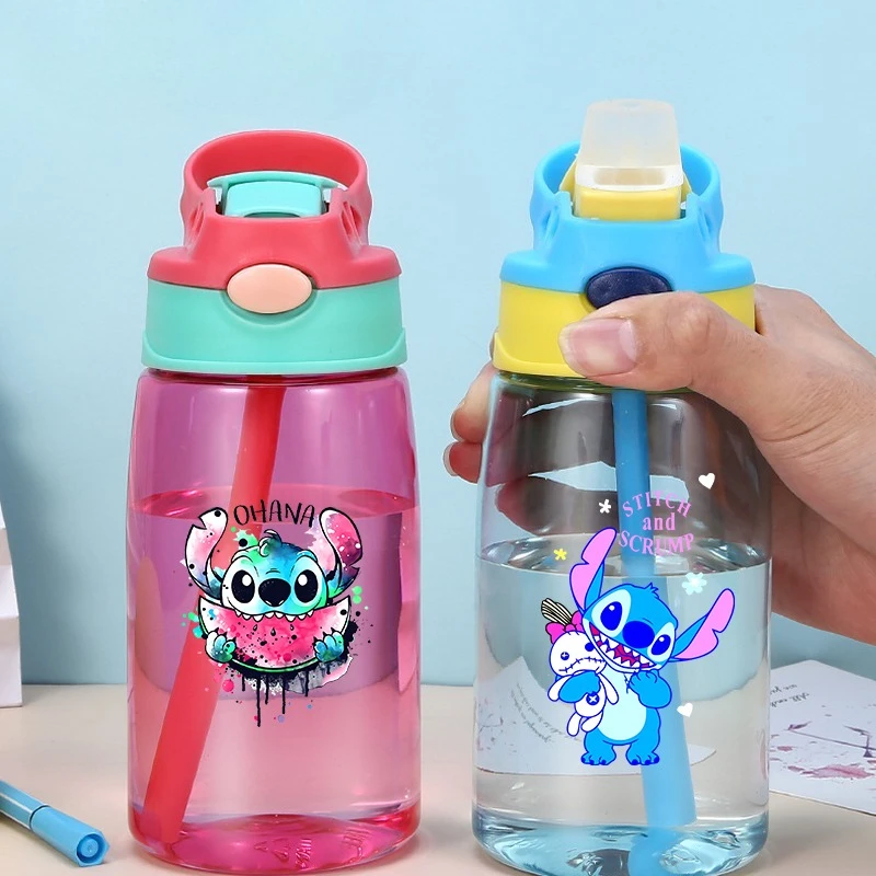 

DISNEY Stitch plastic cup kids Cute Travel Cup Water Bottle Portable Outdoor Sport Water Bottle With Lid Straw Drinking Bottle