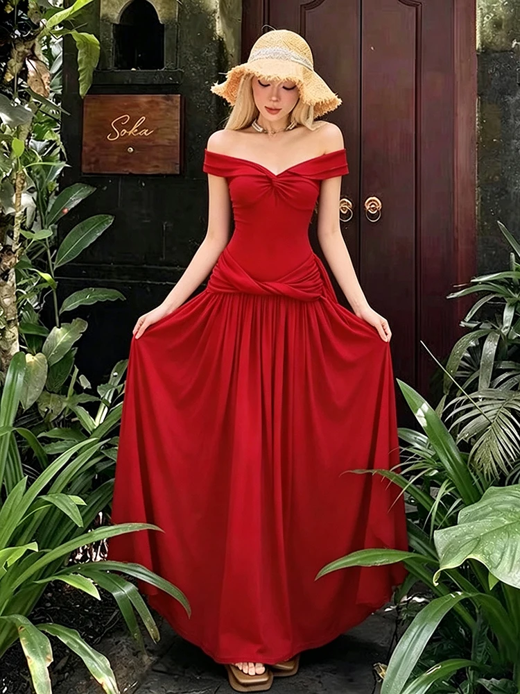 Nibber Sommer Mode Knoten-Falten Maxikleid Damen Tiefer Ausschnitt Quasten Schulterfreies Figurbetontes Elegantes Strand-Urlaubs-Chic Einfarbiges Kleid