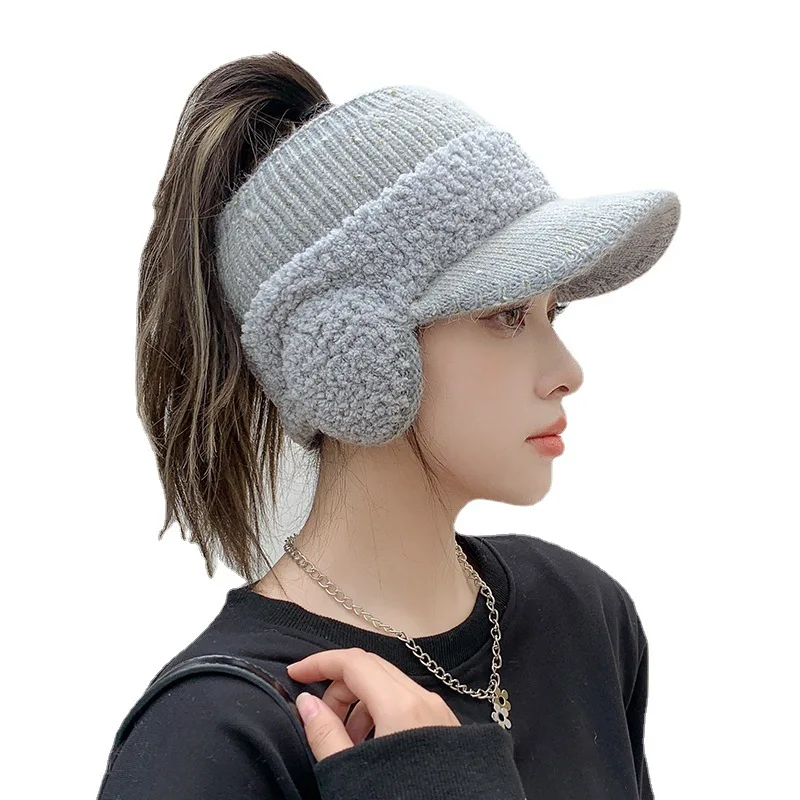 K329-Hat Women\'s Winter Riding Knitted Ear-proof Duck Tongue Hat Fashion Versatile Plush Warm Hollow Top Ear Cap Women\'s Hat