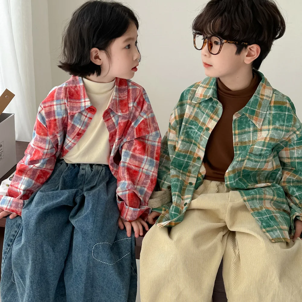 2024 Autumn New Sibling Clothes Colorful Checkered Shirt Boys and Girls Fashion Lapel Casual Shirts Children\'s Tops