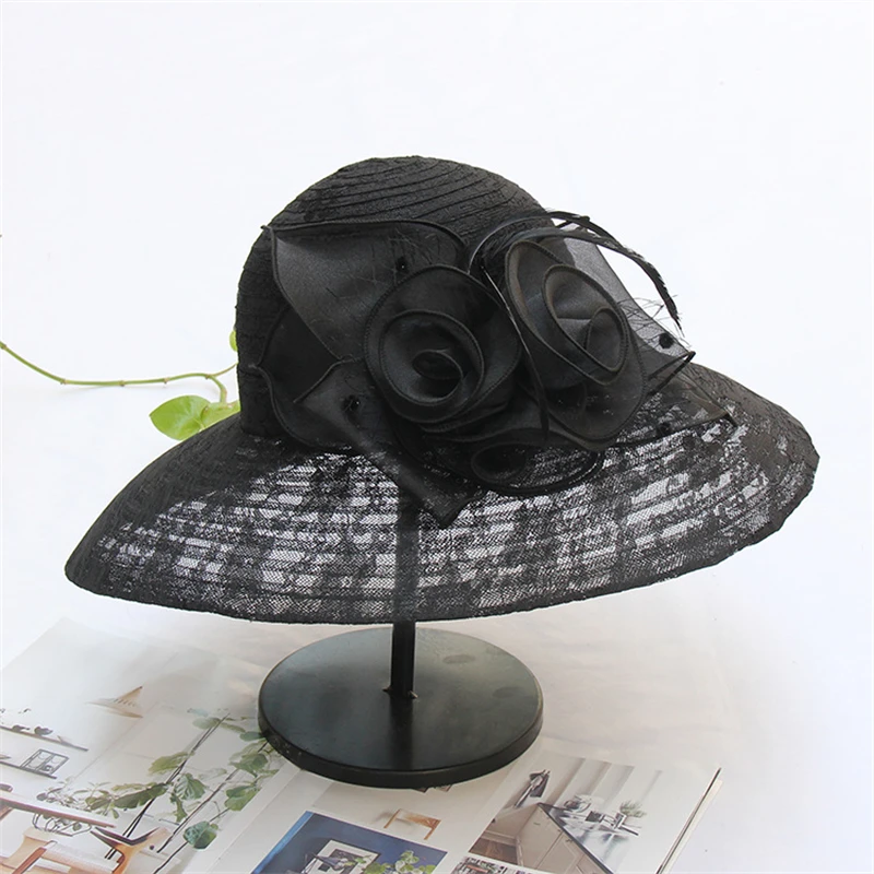 Fashion Elegant Feather Floral Organza Church Hat For Women Foldable Wedding Party Hat Summer Beach Protection Sun Cap