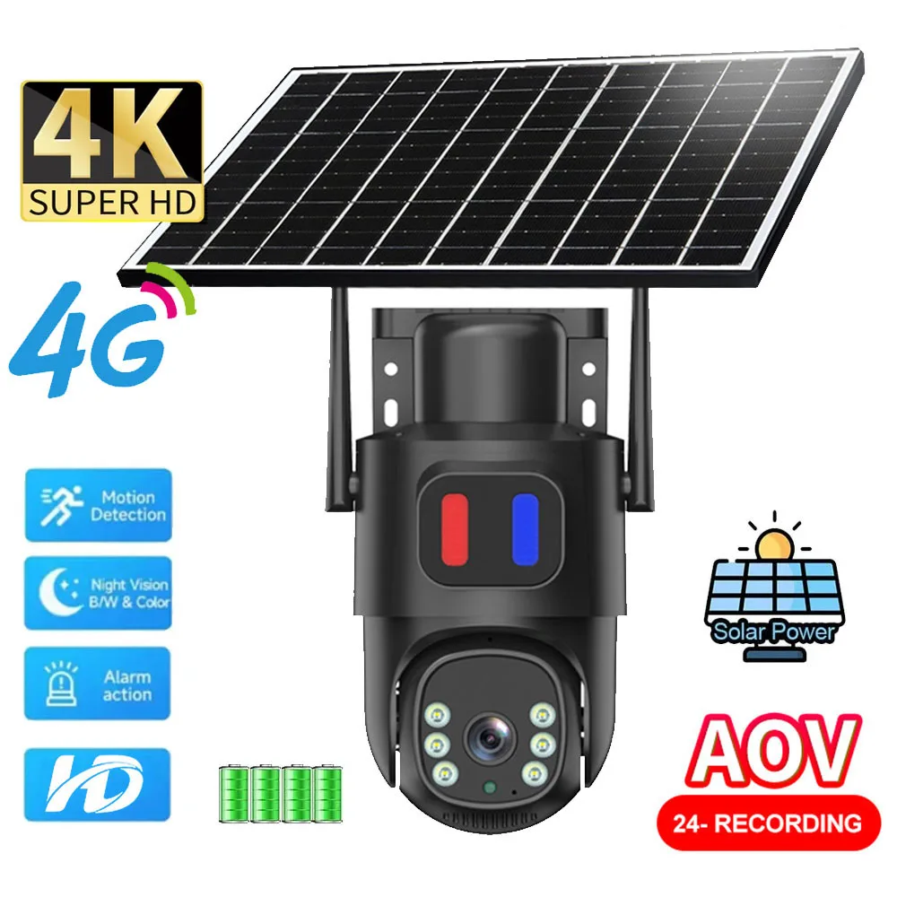 

AOV 4G Солнечная камера HD Открытый 10-кратный зум 24/7 Запись наблюдения PIR Камера обнаружения человека Ночное видение CCTV Защита безопасности