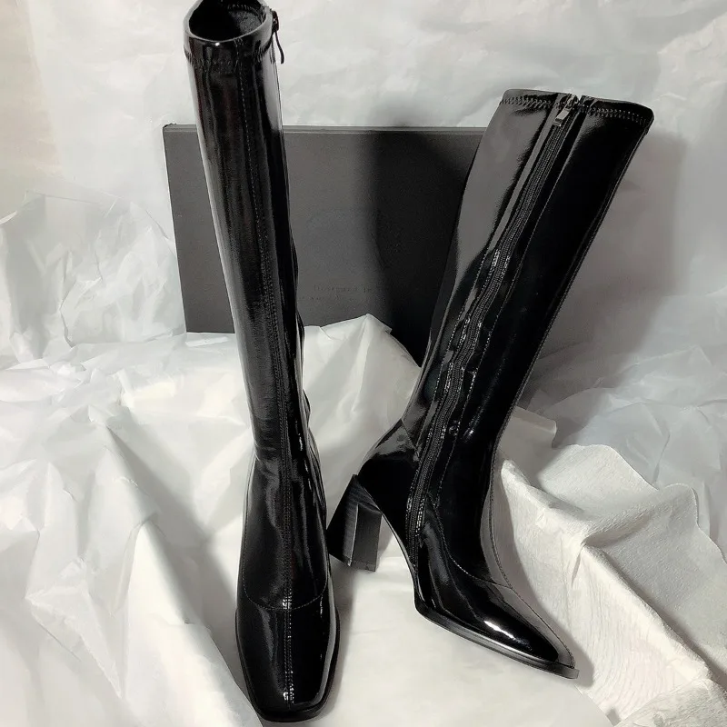 

High Heels 2023 Autumn and Winter Women Patent Leather Black Boots Women's Stovepipe Zipper High Boots Ladies Shoes