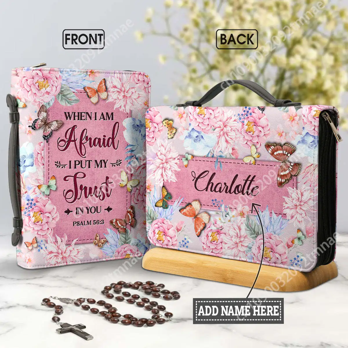 Luxury PU Leather Bible Bag When I Am Afraid I Put My Trust In Verse Pink Floral Custom Customized Bible Cover Case for Women