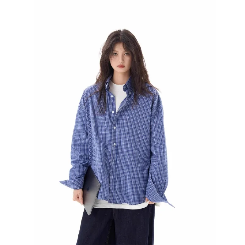 

Spring/Autumn Vintage Check Long-Sleeved Women's Shirt Casual Y2K Cardigan Polo Neck Loose-Fit Woven Blouse Fashion Womens Shirt