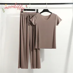 Women's Pajamas 2 Piece Loose Pants Set Solid Color Casual Plus Size 4XL Sleepwear Short Sleeve Simple Homewear
