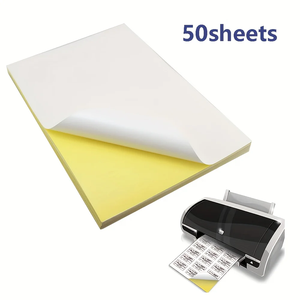50 Sheets A4 Matte Self-Adhesive Vinyl Label Paper White Yellow for Printers Crafting Stickers Durable Adhesive