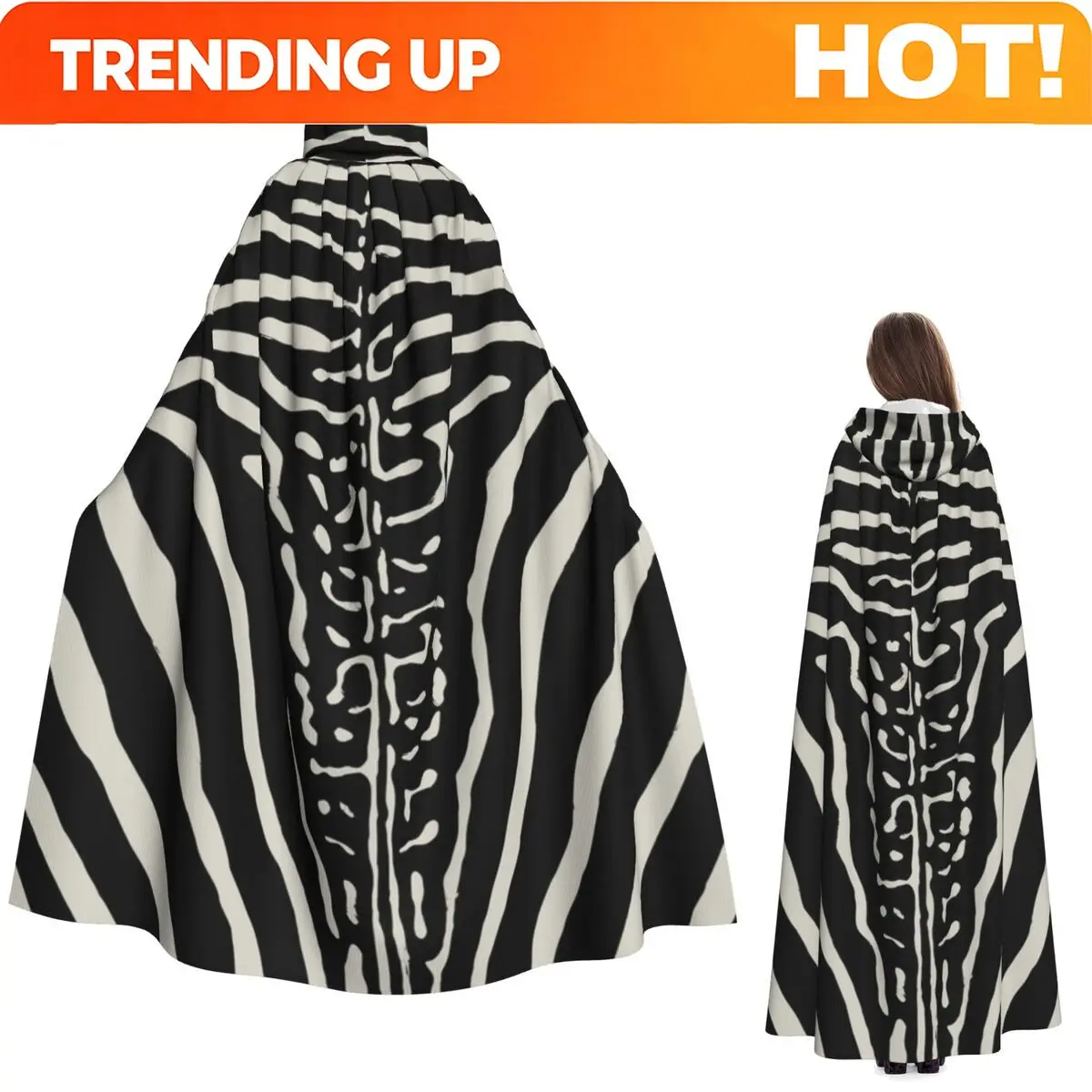 Customization Zebra Stripes Print Skin Hide Texture Long Hooded Cloak Witch Medieval Costume Cosplay Cape HalloweenVampire Adult