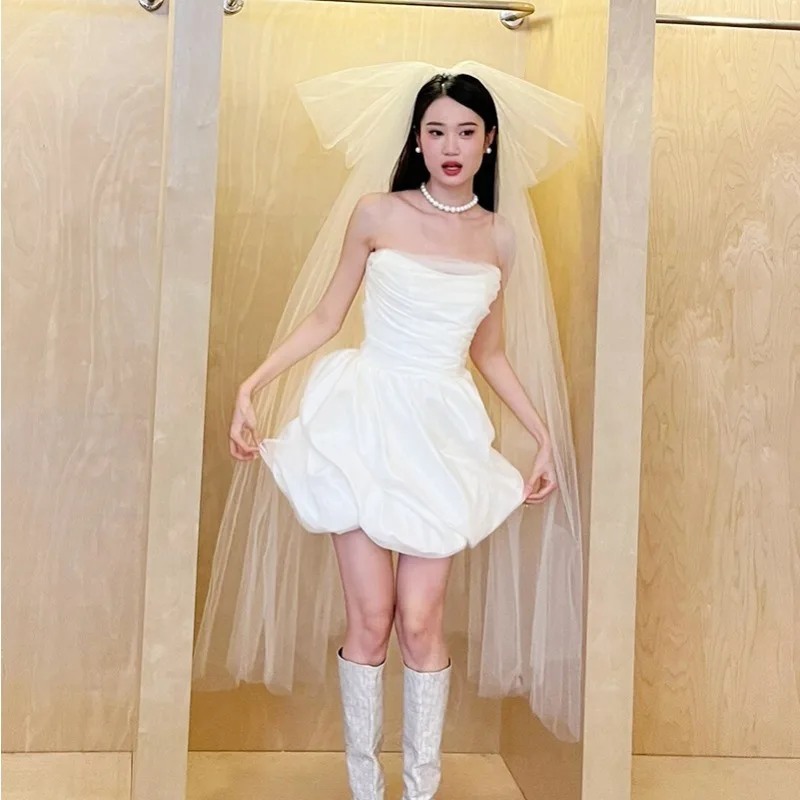 

GIYSILE Customized White Light Wedding Dress Satin Tube Top Dressing Gown Sleeveless Princess Fluffy Skirt Formal Women Elegant