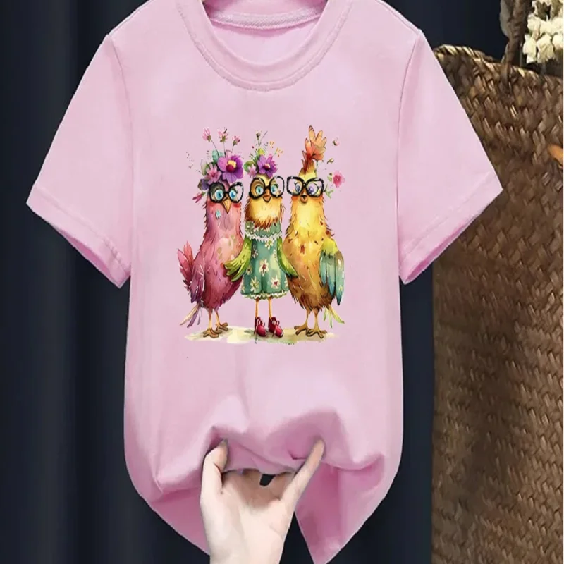 Boys Girls Cute Three Chickens With Glasses Flower Print T‑Shirt Short Sleeve O‑Neck Casual Loose Kids Daily Tees Tops