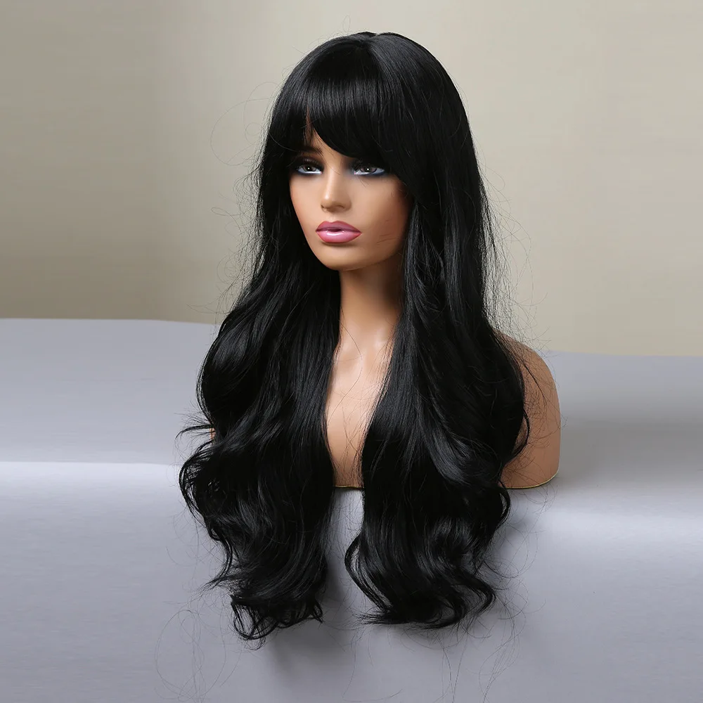 باروكة صناعية سوداء طويلة مموجة لحفلات الهالوين التنكرية للاستخدام اليومي، مجموعة شعر مستعار ملحقات درجة الحرارة العالية