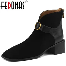 FEDONAS Vintage donne Mature stivaletti fibbia in metallo Splicing vera pelle tacchi spessi scarpe donna autunno inverno ufficio signora