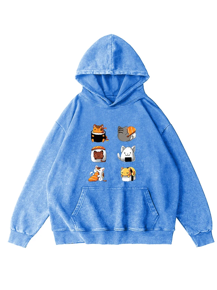 Cute Sushi Funny Cartoon Printing Washed Cotton Hooded Women'S Retro Crewneck Autumn Oversize Hoodie Simple Distressed Clothes