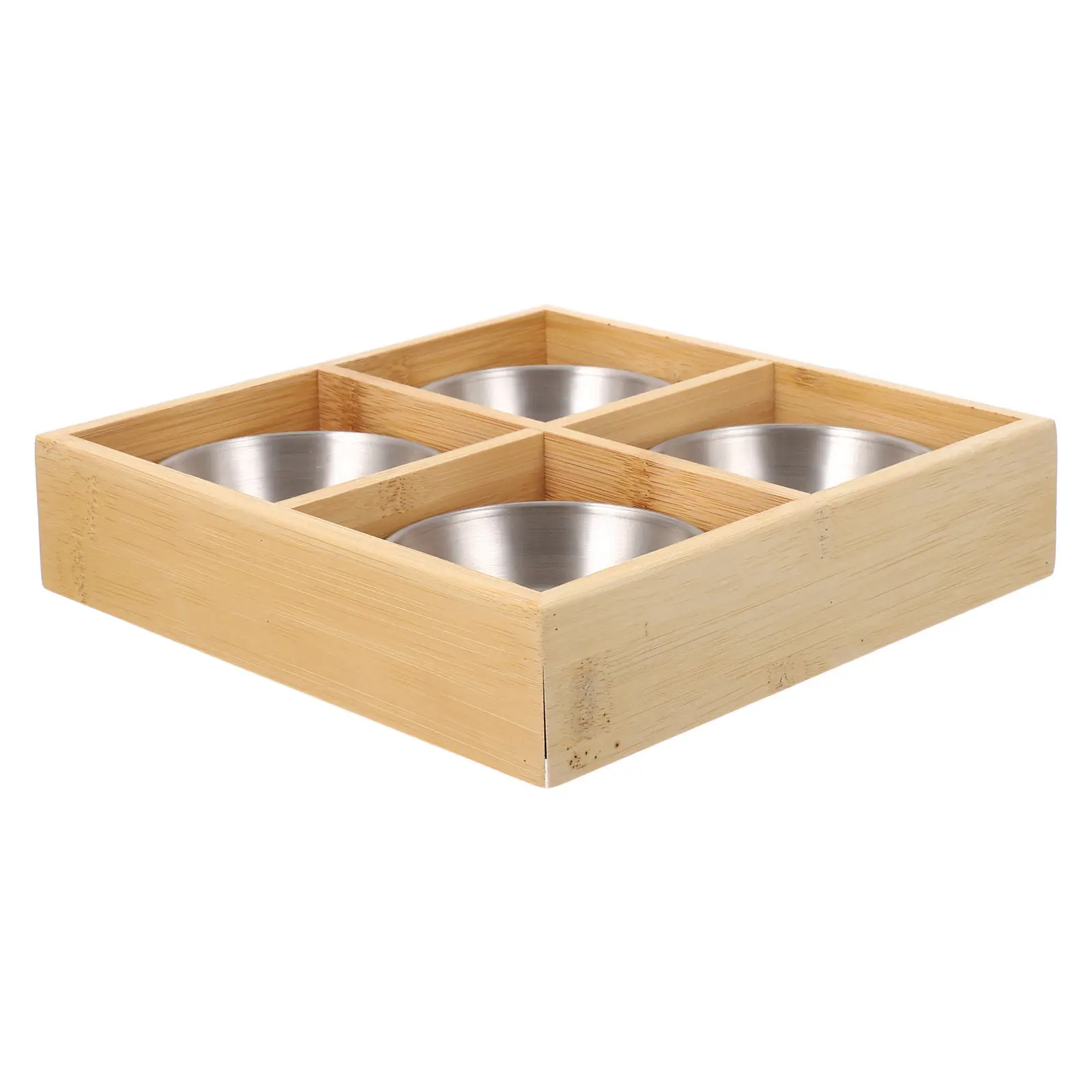 

1 set 1 Set Wood Divided Serving Tray Four Compartment Hot Pot Platter With Stainless Steel Bowls For Bbq Gatherings Restaurant