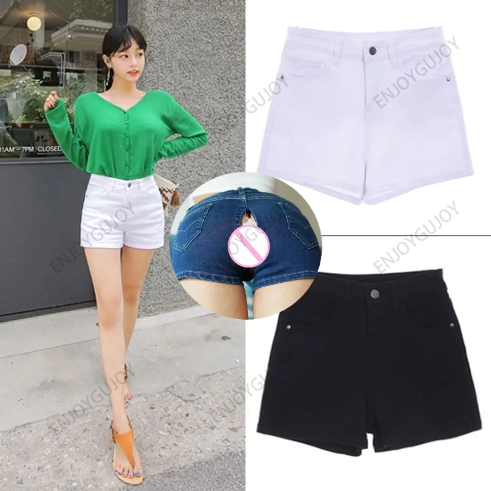 Stretch White Denim Shorts for Women, Invisible Open Crotch, Outdoor Sex, High Waist, Thin, Loose, Slimming Outside Wear