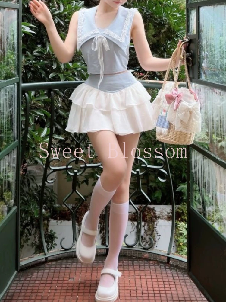 Japanse Zoete Lolita Tweedelige Set Vrouwen Backless Boog Tops + Korte Taart Rok Nieuwe Harajuku Pure Desire Slanke Zomer outfit 2025