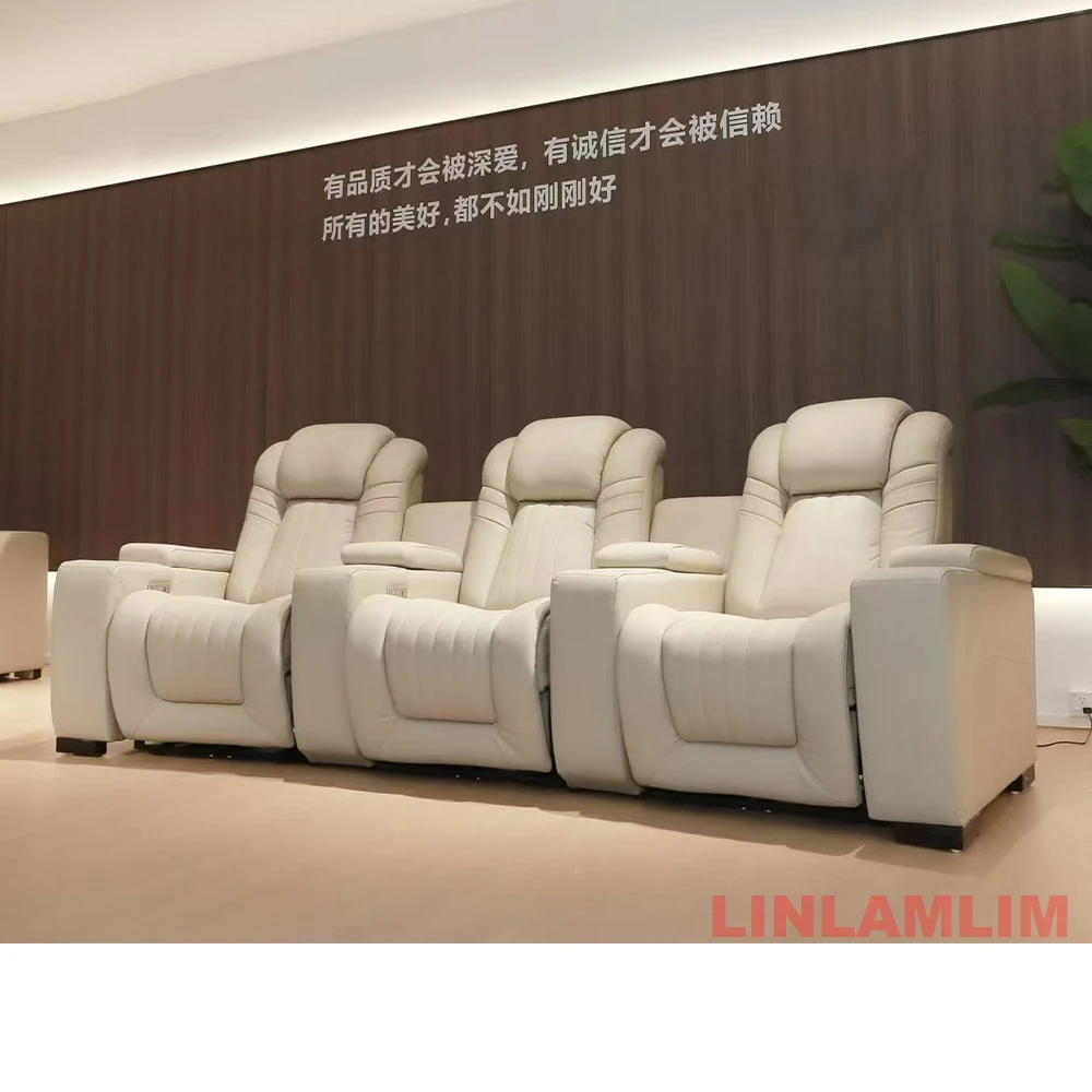 كرسي أريكة فاخر من الجلد الطبيعي للمسرح المنزلي، مقعد مستلق حديث يعمل بالطاقة الكهربائية مع مسند للقدمين وحاملات أكواب