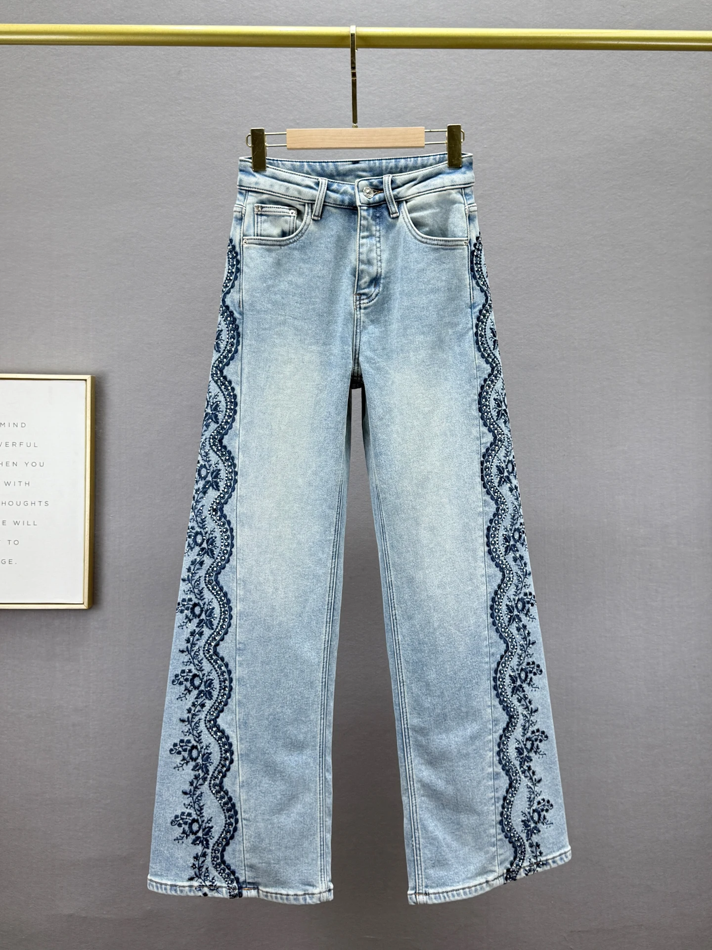 

Fce Lined High Waist Wide Leg Jeans Women's Winter New Sle Retro Embroidery Rhinestone Extended Length Loose Fit Denim P...