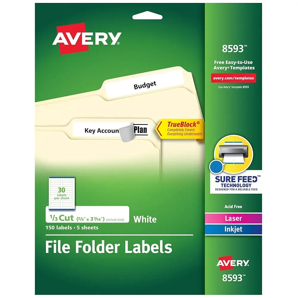 

File Folder Labels with TrueBlock Technology, Permanent Adhesive, 2/3\ x 3-7/16\, Laser/Inkjet, 4-Pack, 150 Labels Total (08