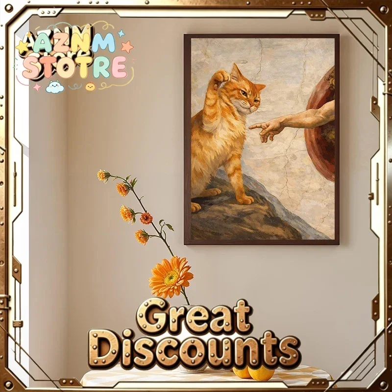Funny Creation of Adam with Orange Cat Wall Print Classical Art Canvas Painting Living Room  Bedroom Home Decor Gift