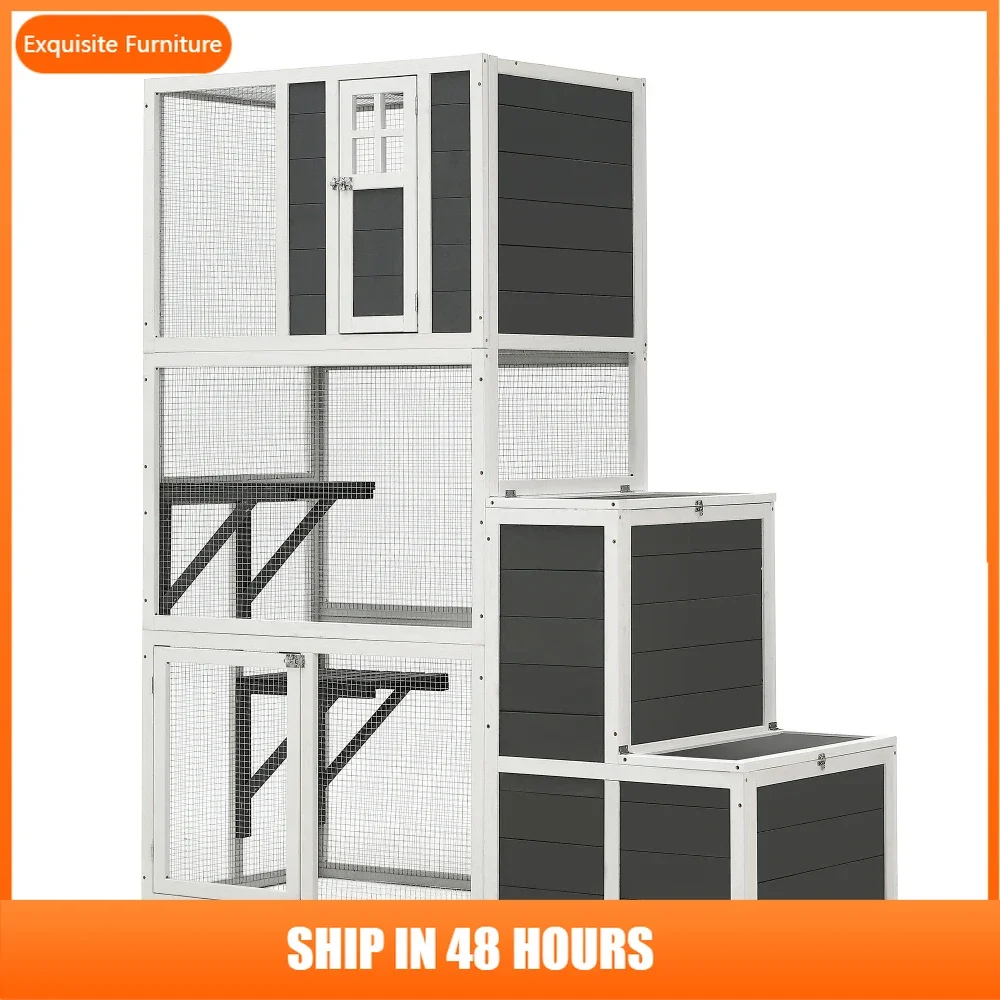 

3-Tier Wooden Outdoor & Indoor Cat House Suitable for 1-3 Cats Cat Enclosure Resting Box with 4 Platforms and 2 doors Cat