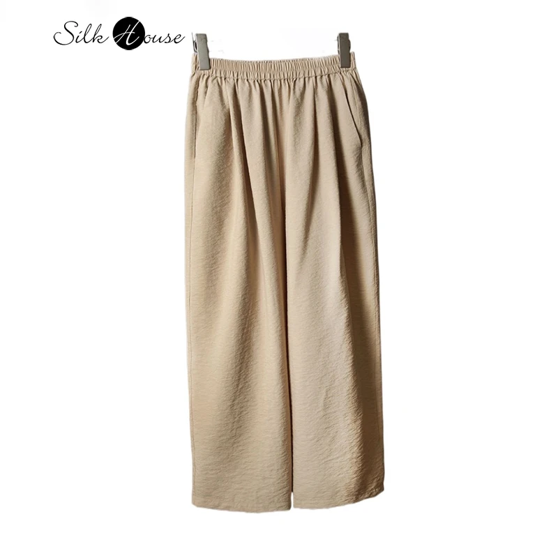 

2024 Women's Fashion Early Autumn New 80% Natural Mulberry Silk Dry Silk Casual Elastic Waist Wheat Color Nine Point Pants