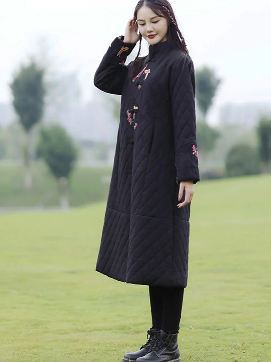 Ethnic Style cotton Hemp Stitching Embroidery Loose Long Coat Women's Winter Vintage Single Breasted Thick Coat Mother New Year