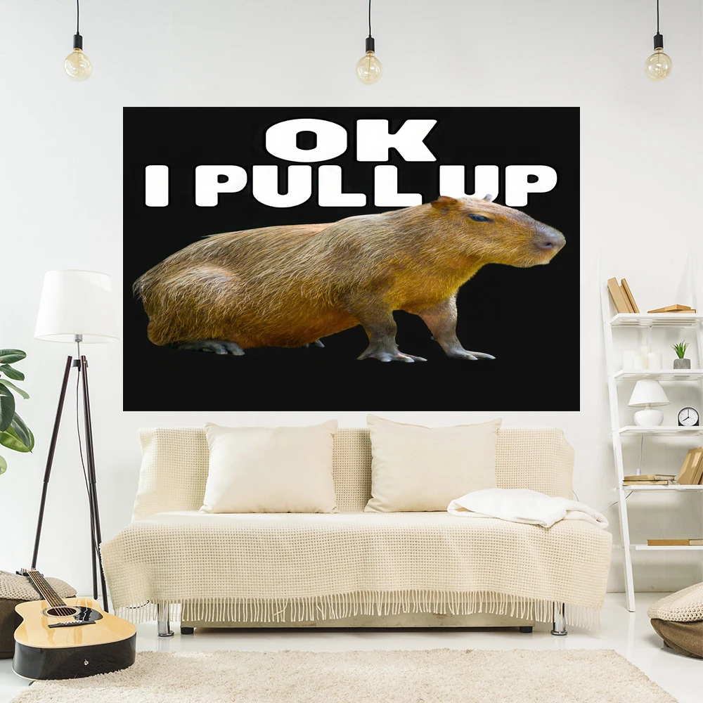 

Cabybara Ok I Pull Up Tapestry Funny Animal Meme Printed Room Decoration Aesthetic Wall Hanging Party Background Sofa Blanket