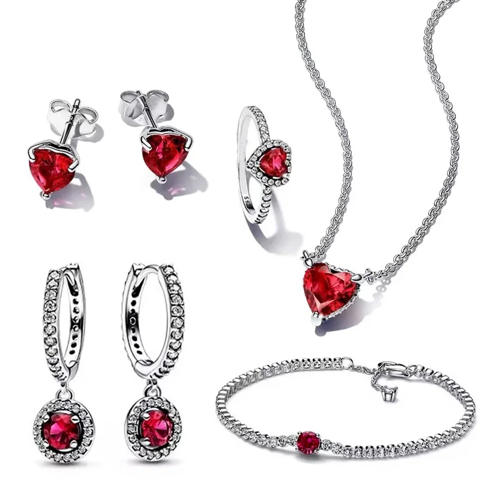 Sterling 925 Silver Sparkling Red Burning Heart Series Necklace Earrings Fit DIY Pendant Ring Women Gift