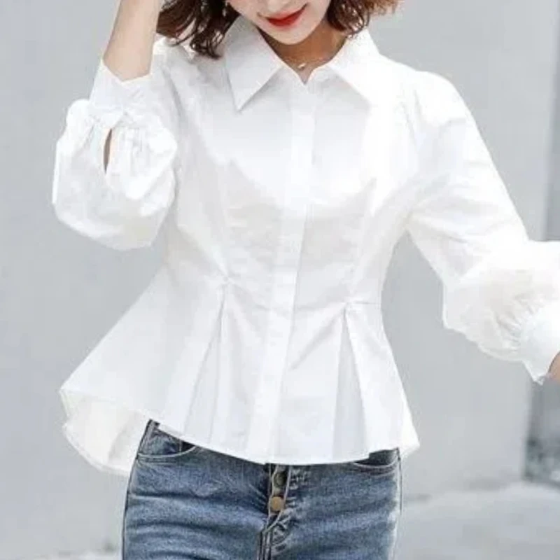 2024 Korean Fashion Commute Spring Autumn New Blouses Women Solid Color Spliced Ruched Asymmetric Button Slim Long Sleeve Shirts