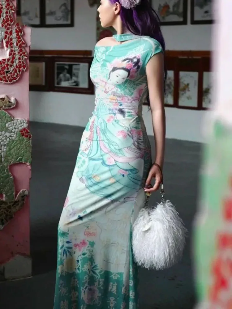 

Harajuku зеленое сетчатое длинное платье с графическим принтом и вырезом на шее, женское Y2k, эстетичное темпераментное вечернее платье с облегающей талией