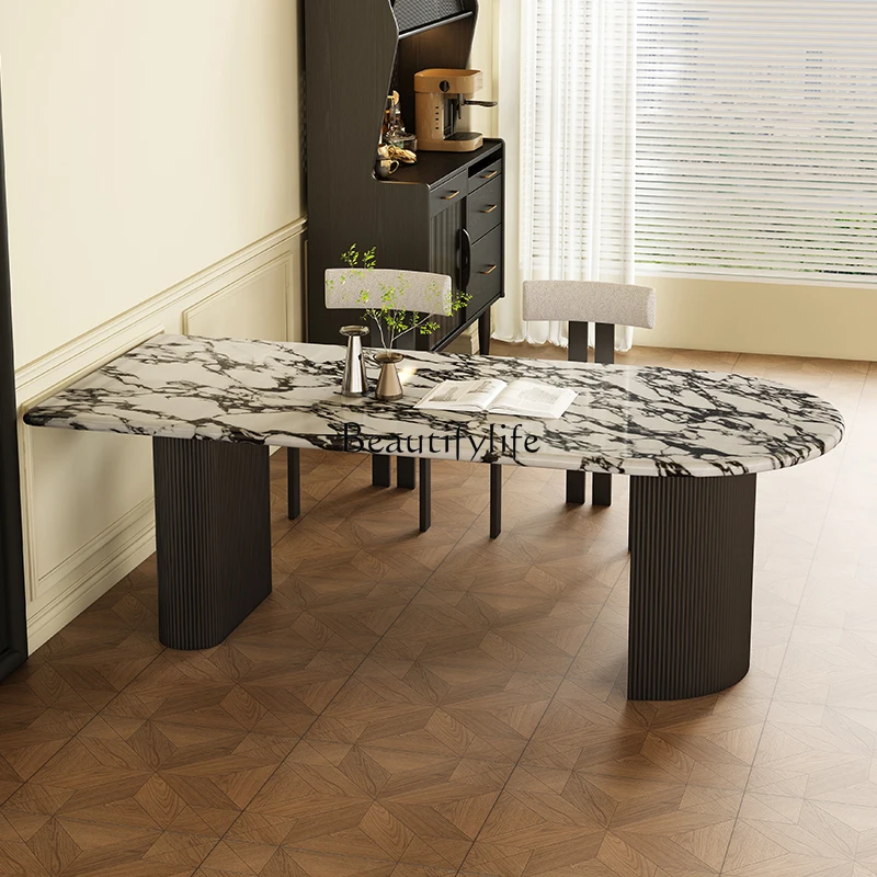 

4French marble dining table rock slab solid wood new light luxury stone simple semi-round dining table