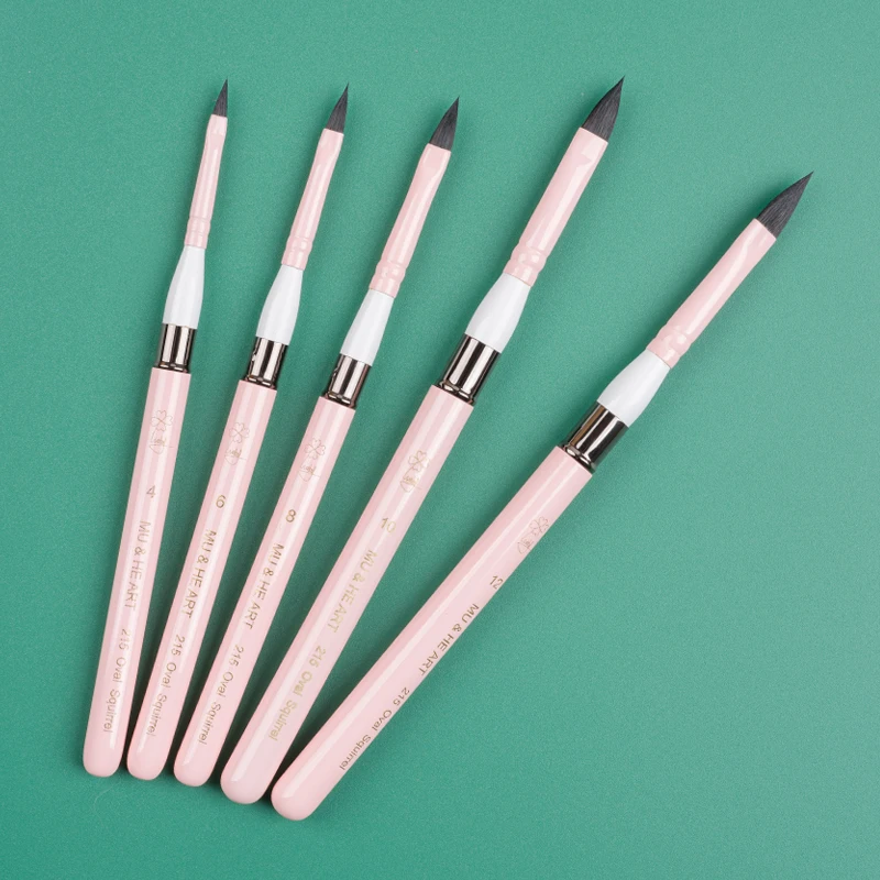 قلم صغير وردي فاتح شعر السنجاب ، فرشاة ألوان مائية مختلطة الفنان ، قبعة نحاسية ، رأس بيضاوي مائل مسطح ، 215 MU HE Art #2