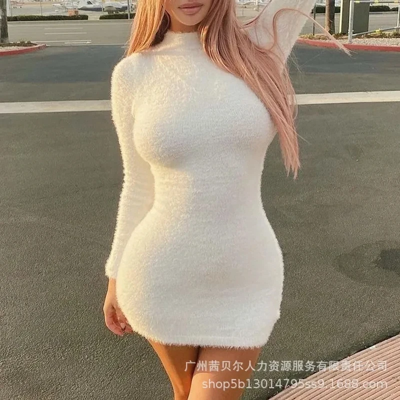

New Women Sexy Solid Color Slim High Waist Plush Dress 2023 Autumn Winter Dress Women Fashion Long Sleeve Round Neck Mini Dress