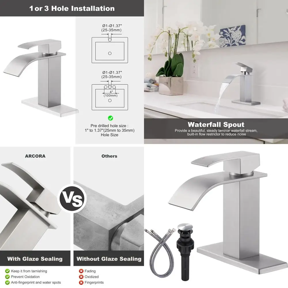 

Single Hole Brushed Nickel Sink Faucet Mixer Tap with Supply Lines and Up Drain