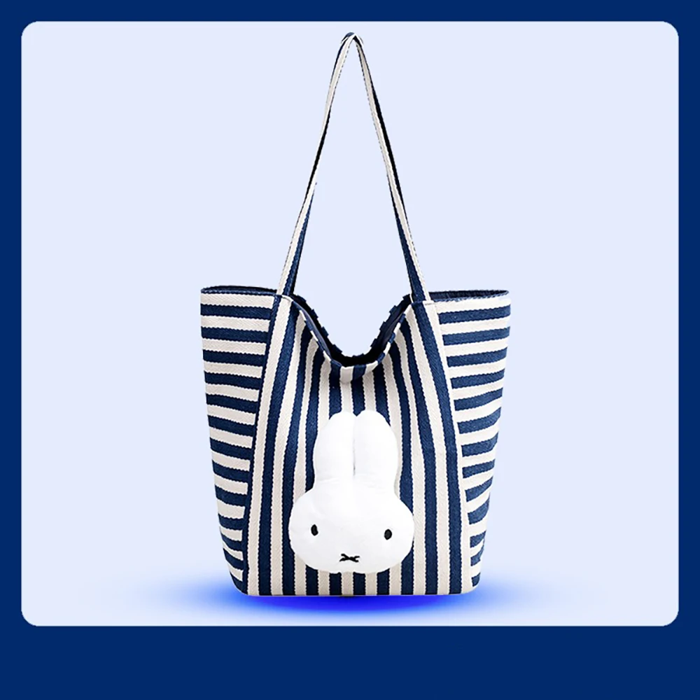 Cute Miffy Kawaii Embroidery Shoulder Bag Cartoon Rabbit Two Sided Stripe Canvas Bag High Capacity Shopping Bag Girl Gift