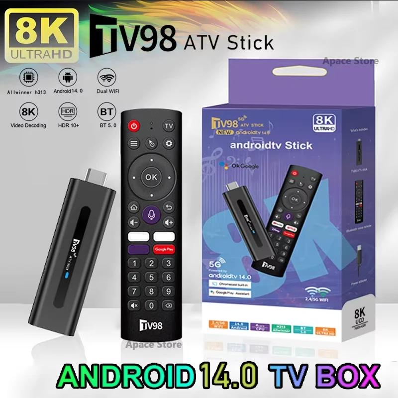 TV98 ATV 8K Smart TV Stick Android 14 ATV Dual WiFi 2.4G 5G BT 5.0 Allwinner H313 Vedio Decodifica HDR10 + Set Top Box Lettore multimediale