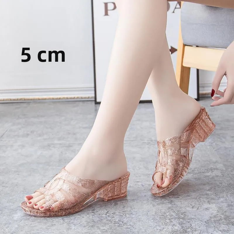 

Women's Sandals 2026 New Style Crystal Summer Outdoor Anti-slip Beach Flat Heel Wedge Heel Slippers Fashionable Plastic Sole