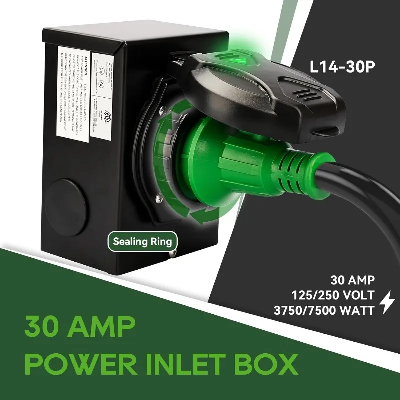 مجموعة كومبو الطاقة في حالات الطوارئ، سلك مولد 25 قدم 30 أمبير وصندوق مدخل الطاقة، سلك مولد NEMA L14-30P إلى L14-30R
