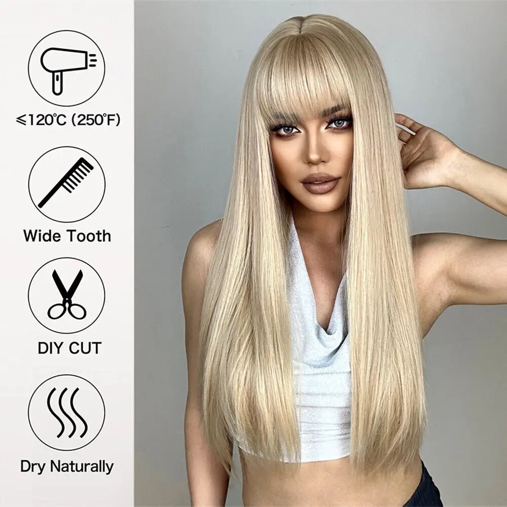 Cosplay Party Wigs With Bangs Bleach blonde Synthetic Hair Long Straight