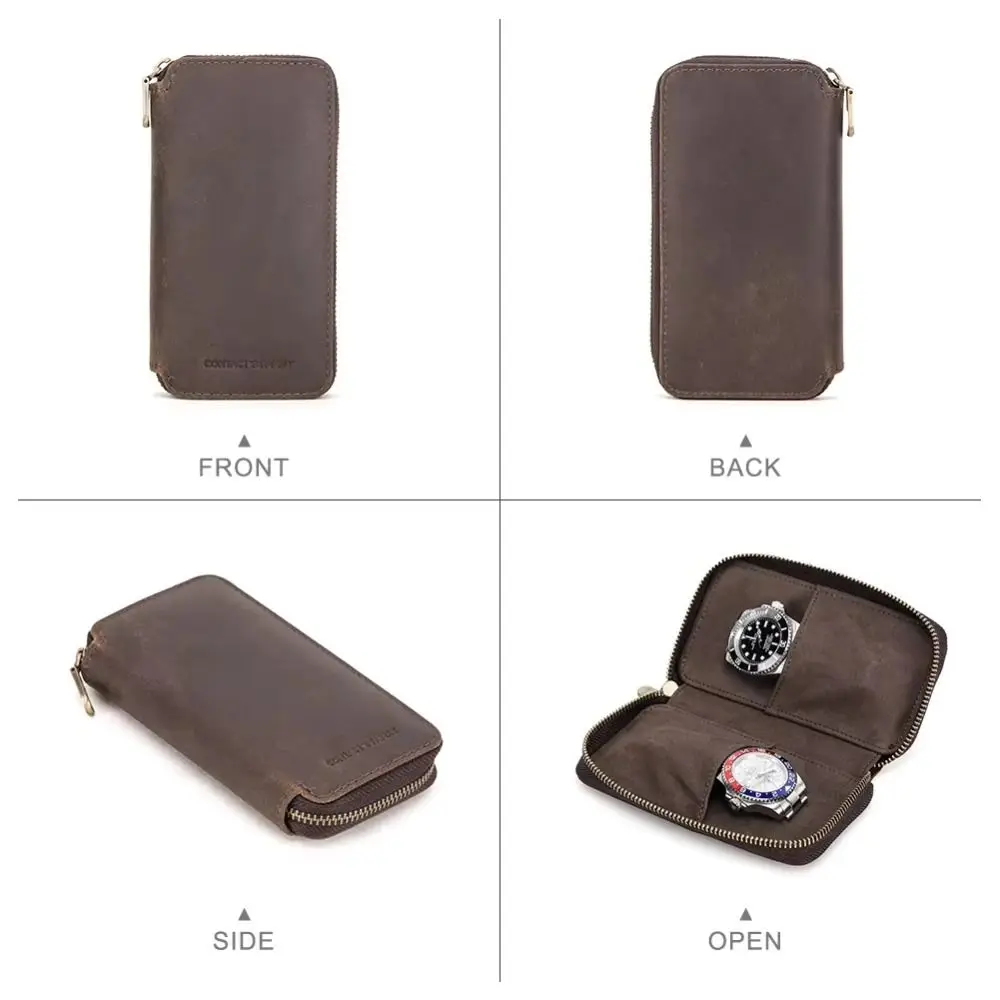 حقيبة ساعة محمولة من الجلد الطبيعي مع سحاب 2 فتحات لتخزين الساعات حقيبة تنظيم الساعات الفاخرة الفاخرة #3