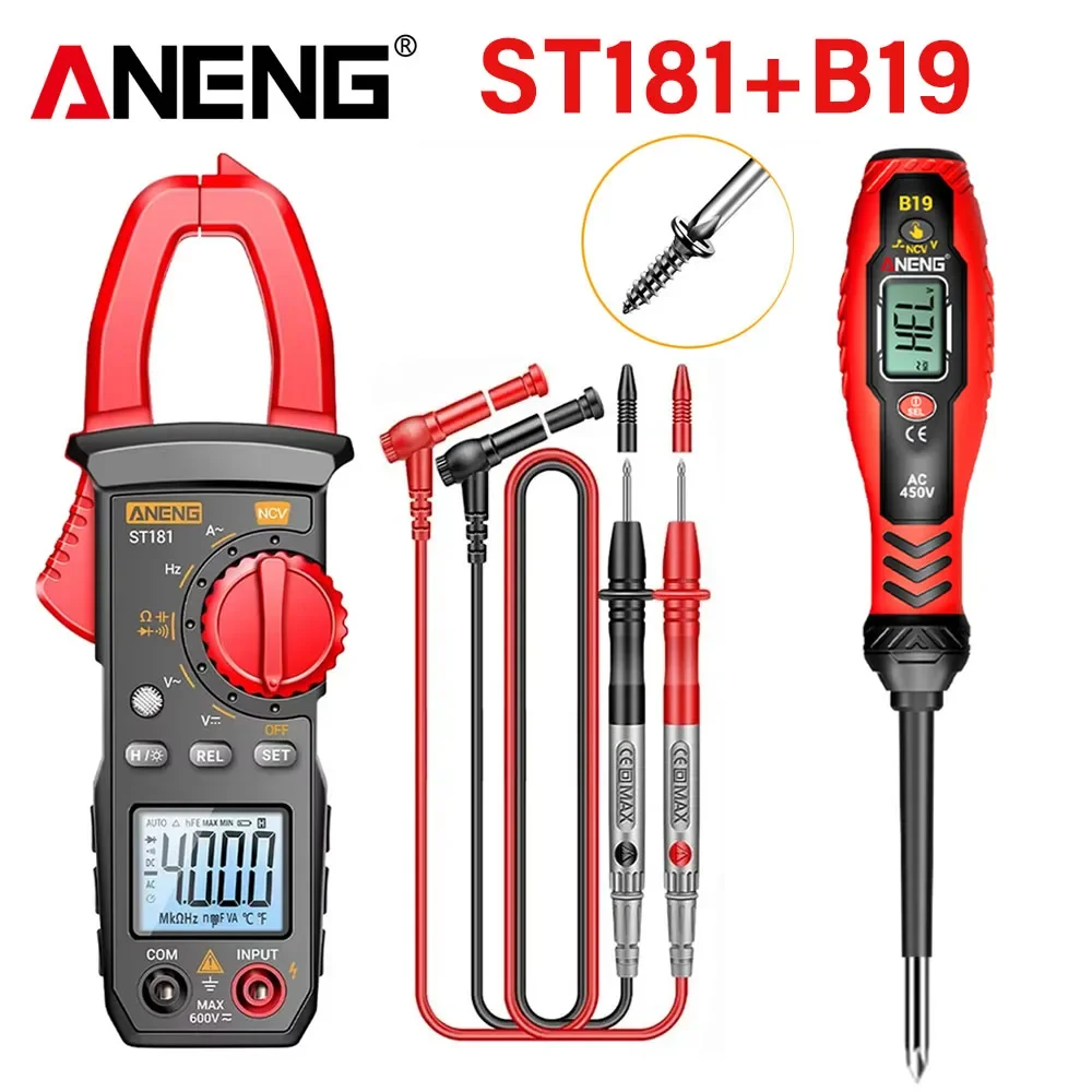 

ANENG ST181 + B19 клещи цифровой мультиметр тестер напряжения переменного тока 4000 отсчетов амперметр Гц/емкость/NCV/Ом тестовые инструменты
