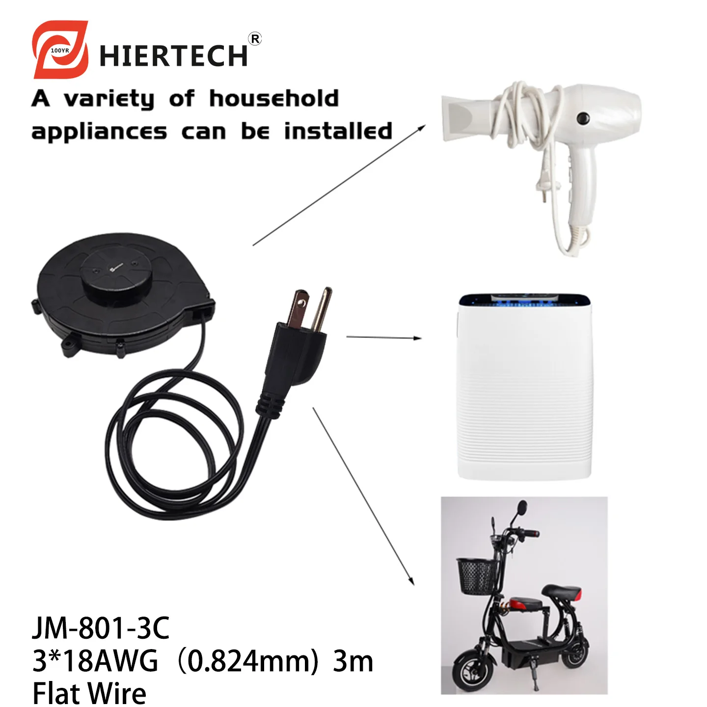 

Автоматическая катушка Hiertech Black с 3-жильным плоским кабелем длиной 3 метра (стандарт США) с функцией самоблокировки — настраиваемая для мелкой бытовой техники