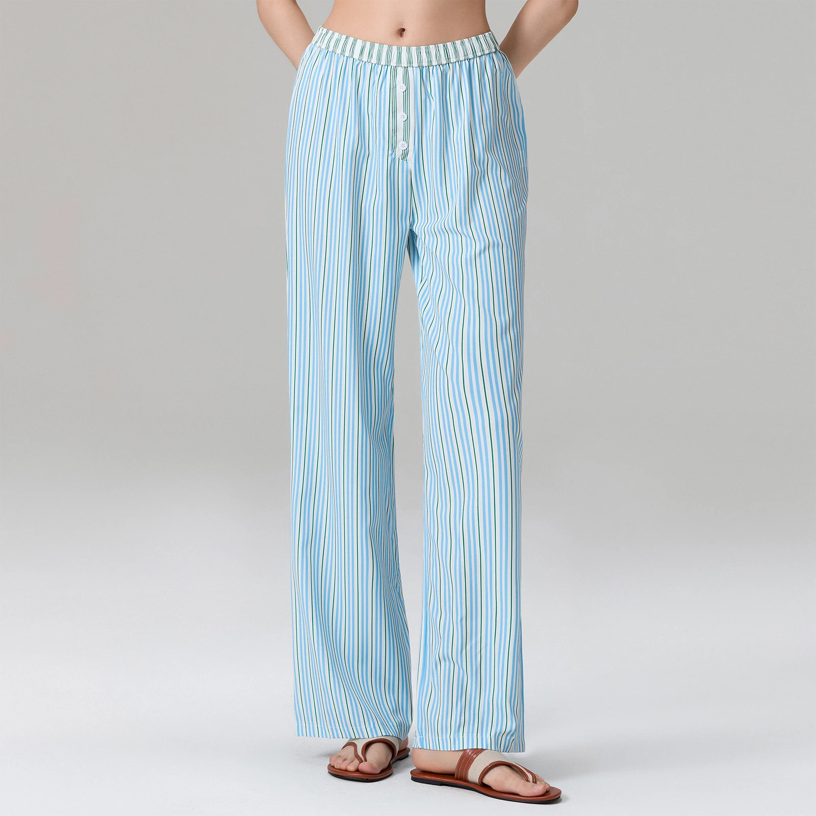 Women Elastic Waist Striped Lounge Pants Summer Autumn Loose Casual Long Sleep Bottoms for Pajamas Sleepwear