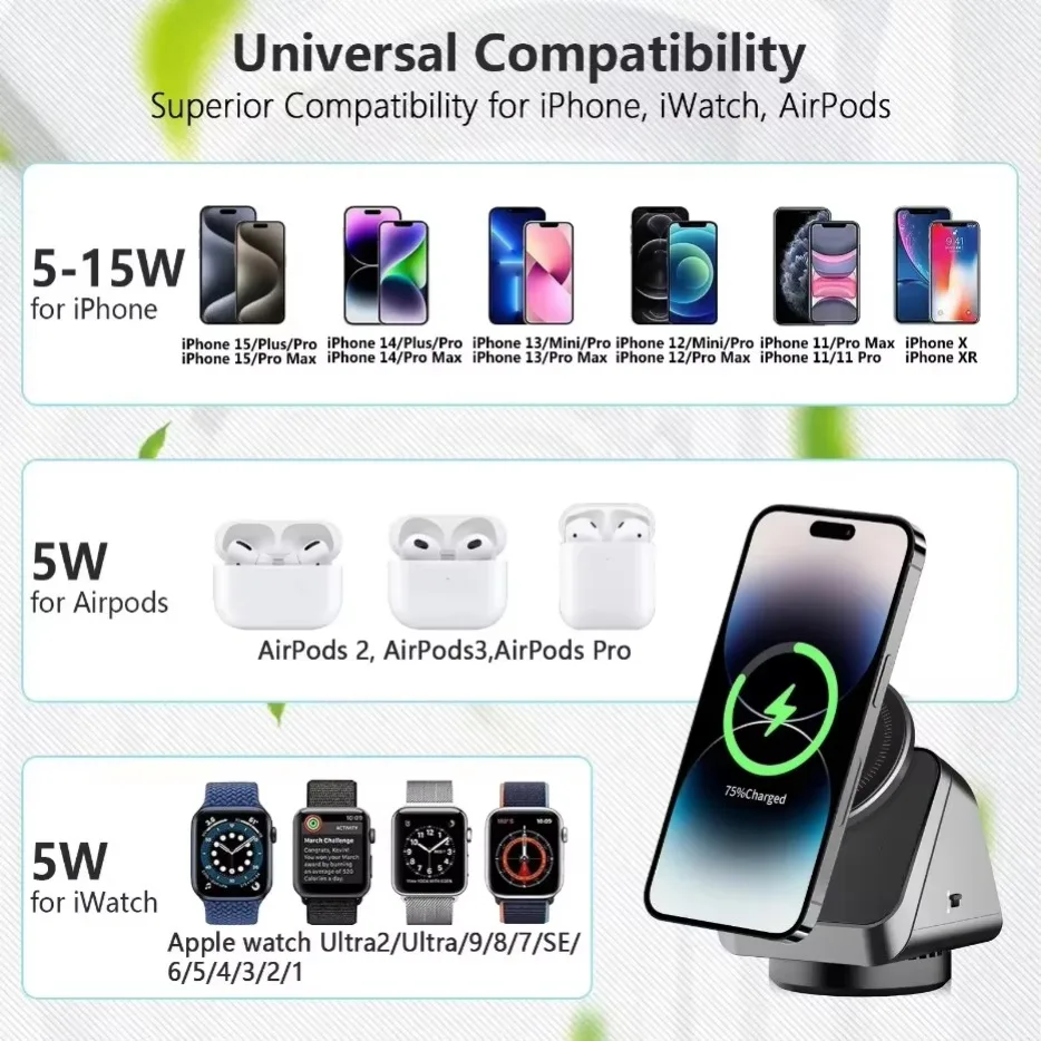 حامل شاحن لاسلكي 3 في 1 يدور 360 درجة، محطة شحن سريعة مغناطيسية لهاتف Magsafe iPhone 16 15 14 Apple Watch 1-10 Airpods