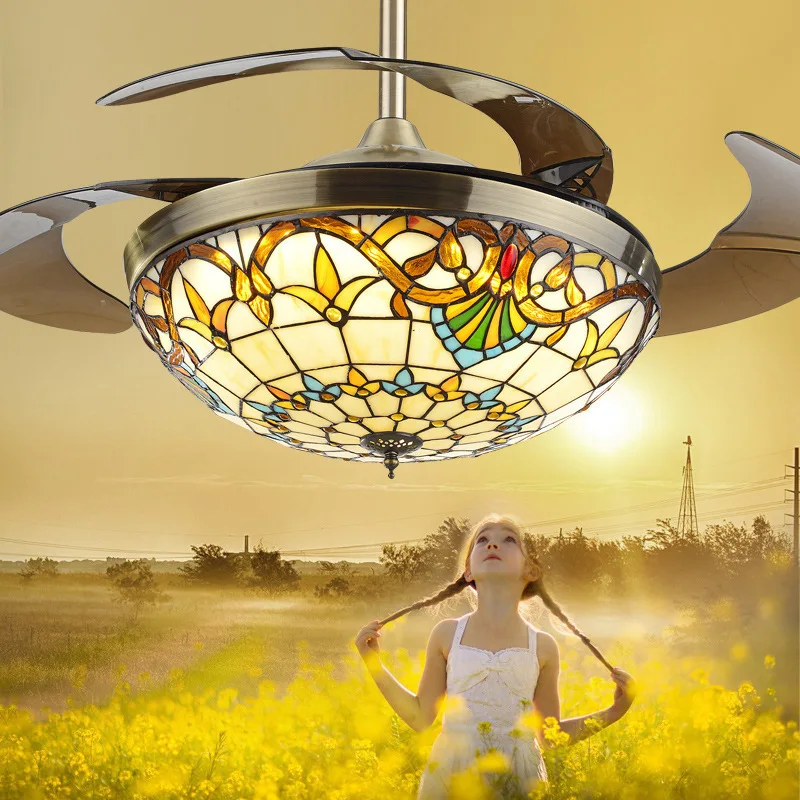 Mediterranean Fan Lamp Retro Ceiling Fan With Remote Tiffany Invisible Ceiling Fan Lamp Living Room Dining Room Bedroom Lighting