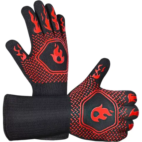 Gants de barbecue résistants aux hautes températures, gants ignifuges pour grillades, fumage et barbecue - Mitaines de cuisine longues et lavables, résistantes à la chaleur extrême