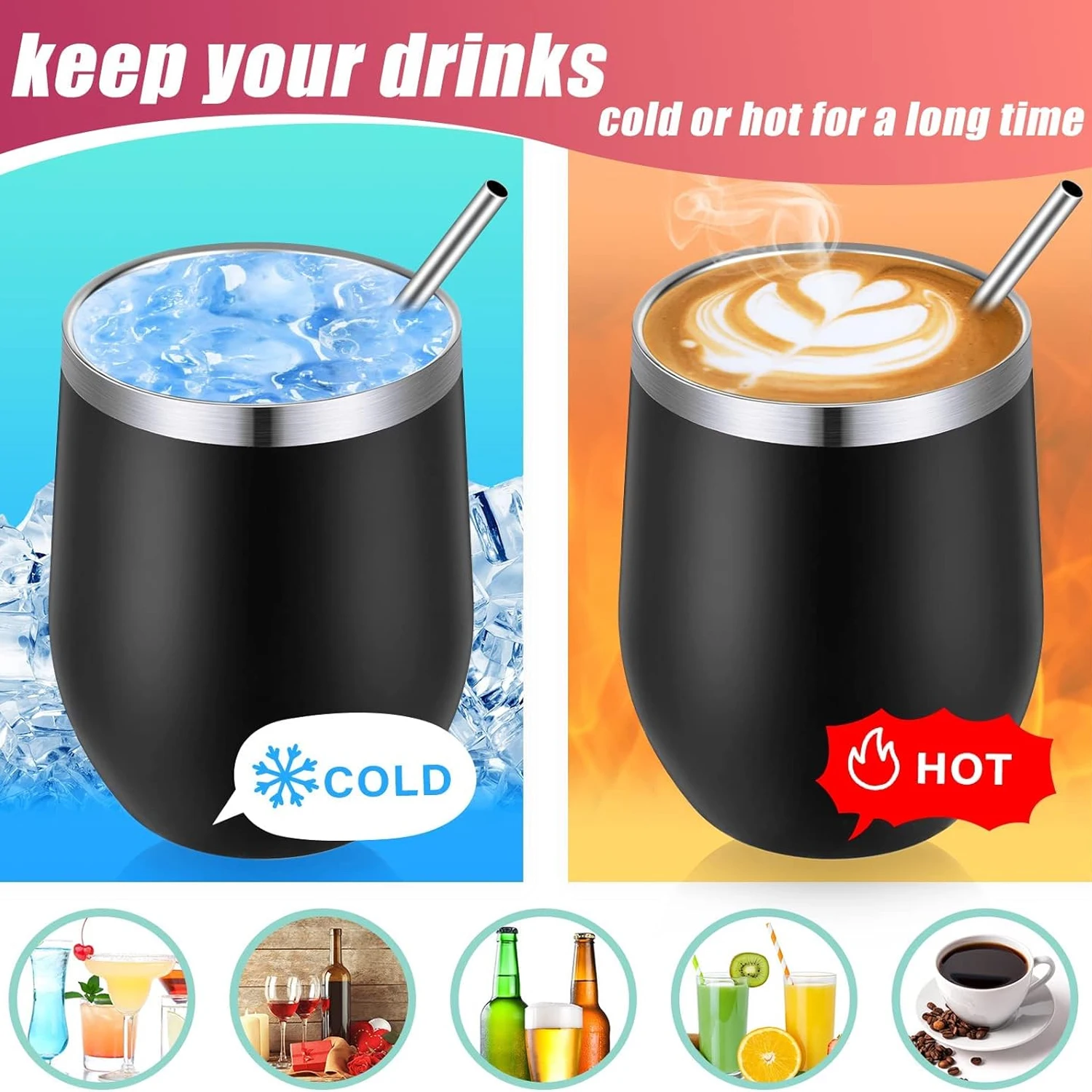 12oz Eggshell Cup Stainless Steel Wine Tumblers Double Wall Insulated Vacuum Drinking Cup with Lids U-shaped Coffee Mug Glasses