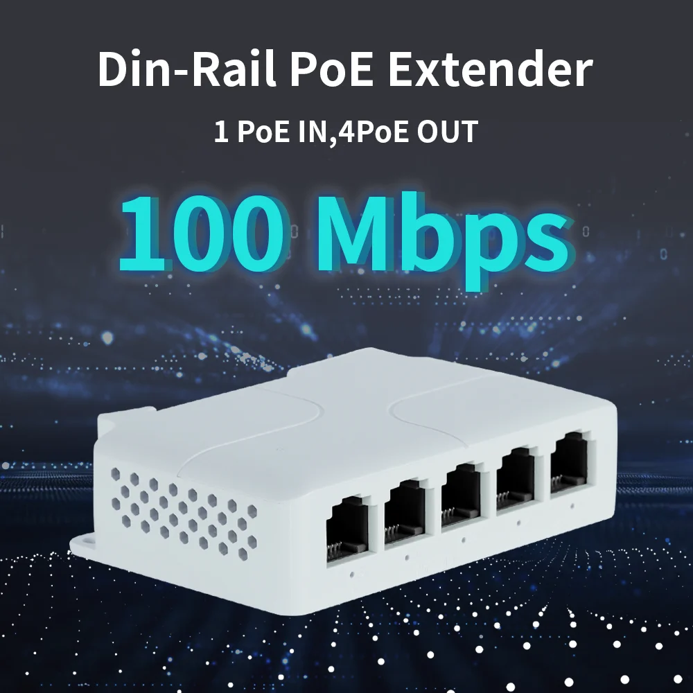 Hisource 1+4 Port 100Mbps POE Extender Network Switch Repeater Support IEEE802.3af/at/bt 250m for PoE Switch NVR IPC