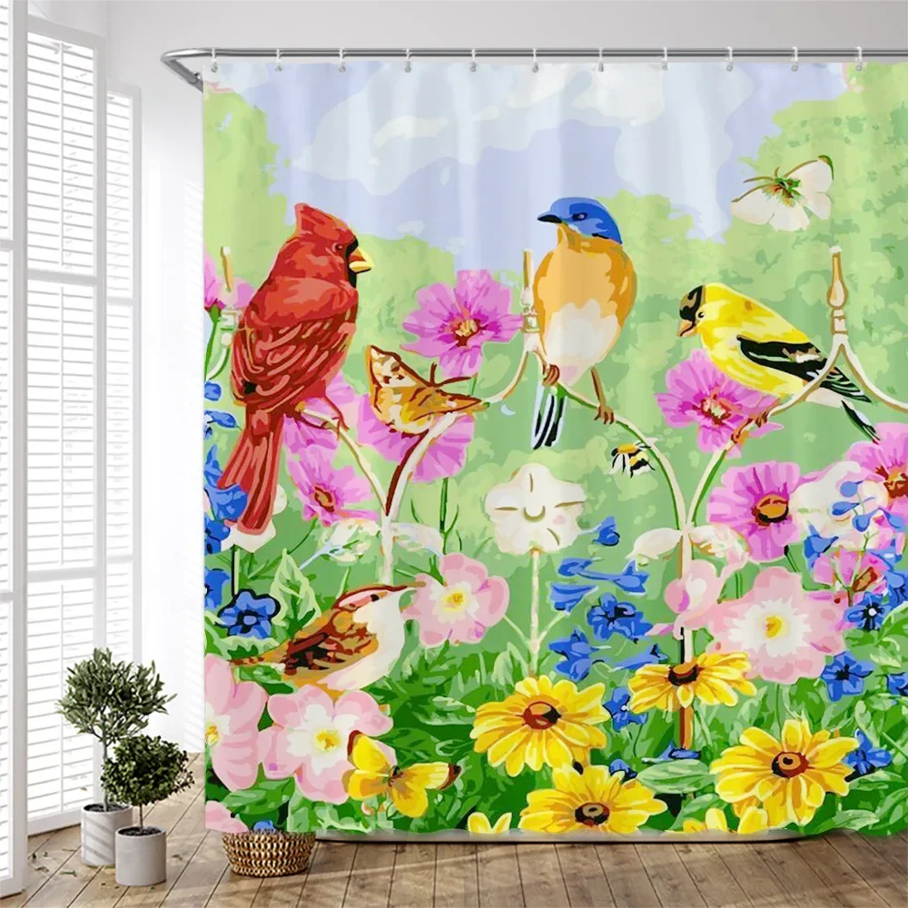 Exotic Birds with Flowers Shower Curtain Colorful Seamless Pattern on White Background Home Decor Bathroom Curtain Set with Hook